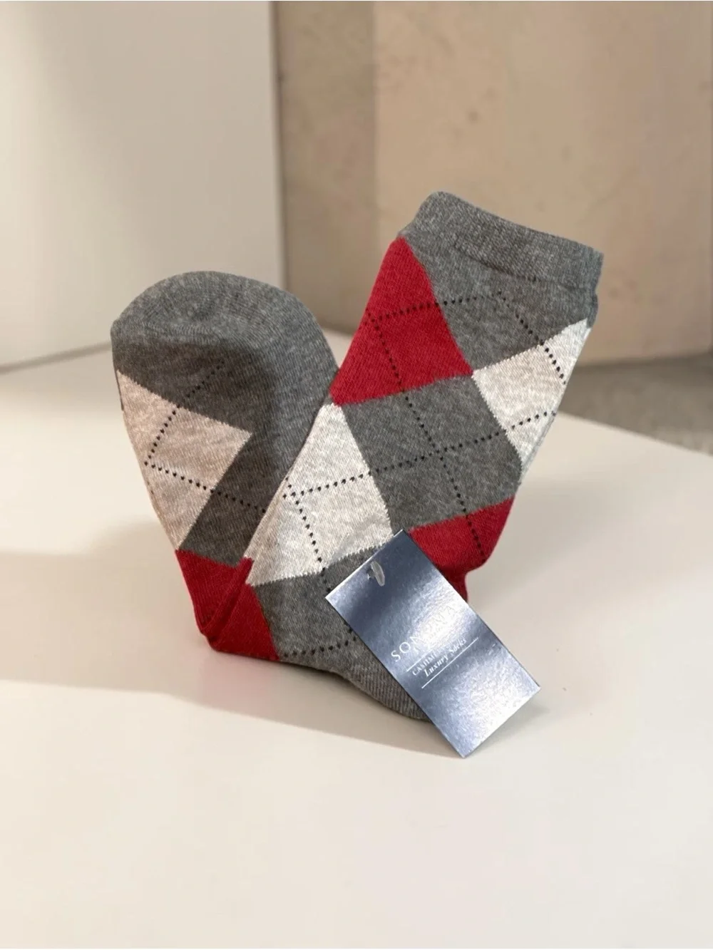 Argyle Crew Socks in Gray, Red & White - Womens 9-11